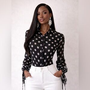 LILYSILK Black White Polka Dot Georgette Mulberry Silk Blouse Long Sleeve NWOT